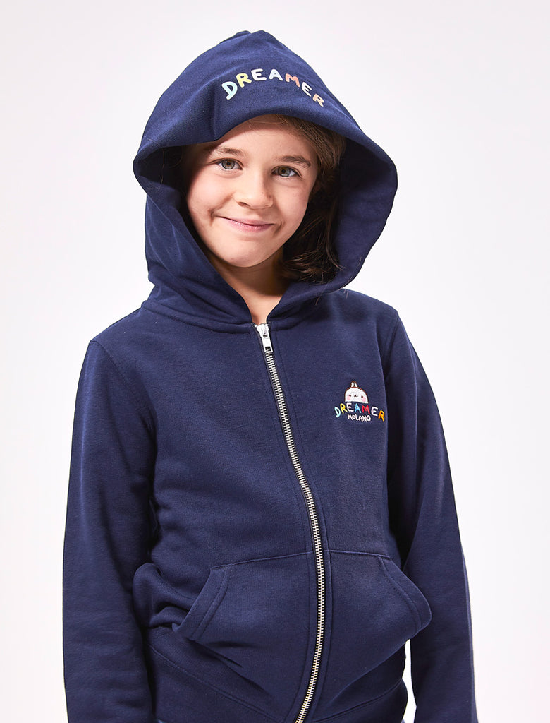 A cute navy blue kid zip hoodie Molang "Dreamer" of our bunny.