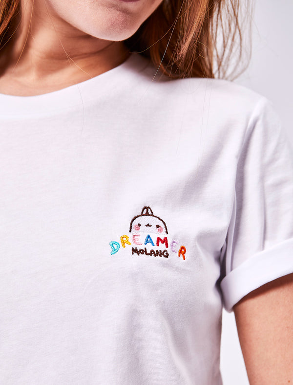 A cute unisex white t shirt Molang "Dreamer" of our bunny.