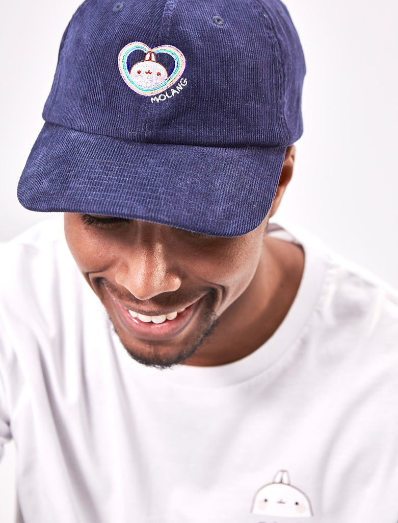 A cute Molang Navy Blue "Rainbow Always Wins" Embroided Corduroy Adult Cap. 