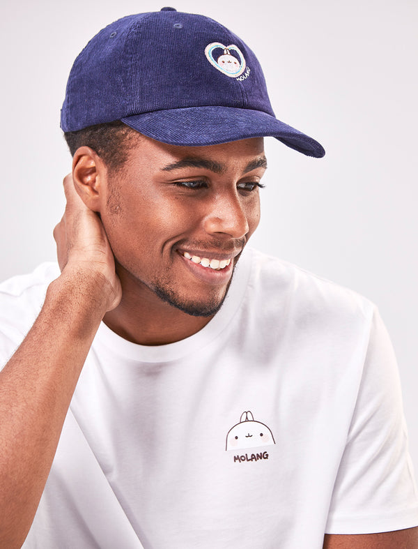 A cute Molang Navy Blue "Rainbow Always Wins" Embroided Corduroy Adult Cap. 